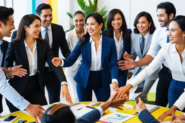 Show a group of diverse professionals in a workshop, meeting and greeting each other, doing the workshop exercises, include men and women, and latinos. show them in business attire